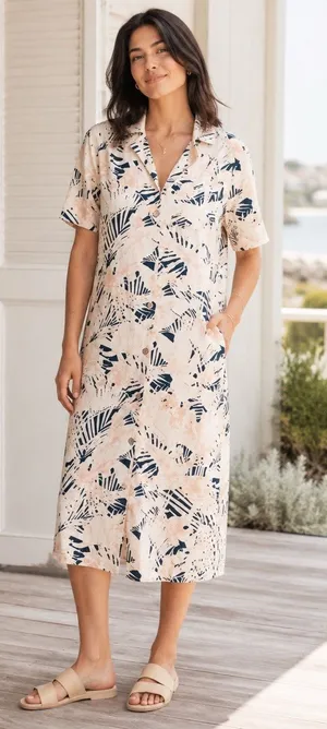 Faherty Pink White Linen Blend Pool Button Up Shirt Floral Midi Dress Size Small thumbnail 1