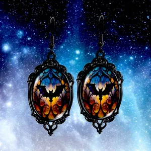 Vintage Cameo Style Gothic Bat Earrings‎ Glass Encased Alloy & Iron Hook thumbnail 12