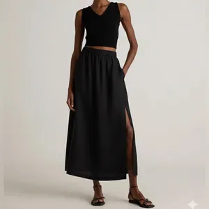 NWOT Quince 100% European Linen Black Side Slit Maxi Skirt Sz L thumbnail 2