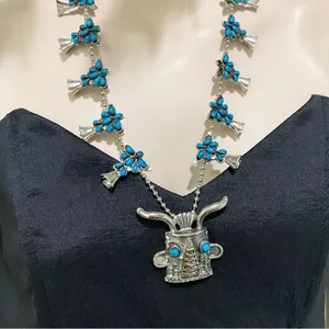 Vintage Kachina Mask Faux Turquoise Southwestern Style Squash Blossom Necklace thumbnail 3