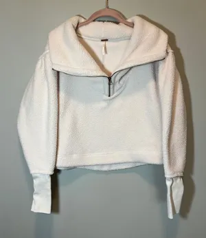 Free People Women's Sherpa Fleece Quarter Zip Pullover Cream White Cropped Small thumbnail 1