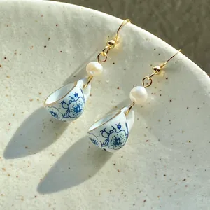 Handmade porcelain tea cup & freshwater pearls unique fun fairy antique style dangle earrings🫖🍃🌀 thumbnail 4