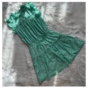 PINCH Womens Green White Printed Tiered Mini Dress Size S Smocked Ruffled Lined thumbnail 1