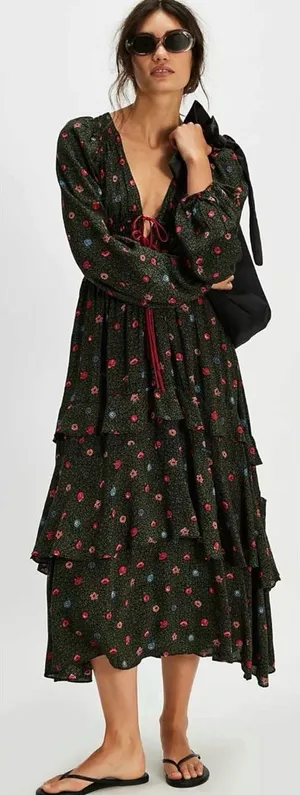 Free People Bohemian Gypsy Tiered Ruffle Maxi Dress Size Medium Witchy Plunge thumbnail 1
