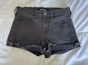 Express‎ Womens 0 Black Denim Shortie Mid Rise Cuffed Shorts Supersoft Stretch thumbnail 1