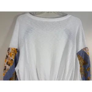 Free People Waffle knit Top XS White Excellent Mixed Media Floral Balloon Sleeve thumbnail 9
