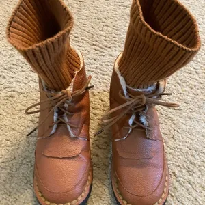Tan Faux Leather Lace Up Ankle Boots with Ribbed Knit Sock‎ Cuff size 5 Lining thumbnail 1