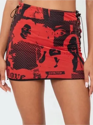 Edikted Red Graphic Lace-Up Mini Skirt - Women's Trendy Clubwear thumbnail 1