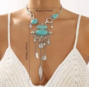 Boho Turquoise Necklace Pendant with Tassel Metal Feather thumbnail 4