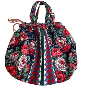 HANDMADE Quilted Bag Tote Large Patchwork Design 23”x16” Cinch Close Floral 90s thumbnail 1