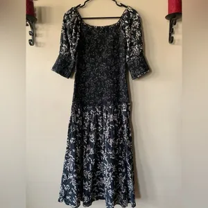 Zara Penny Ruched Black Floral Linen Blend Boho Puff Midi Dress Size Small thumbnail 3