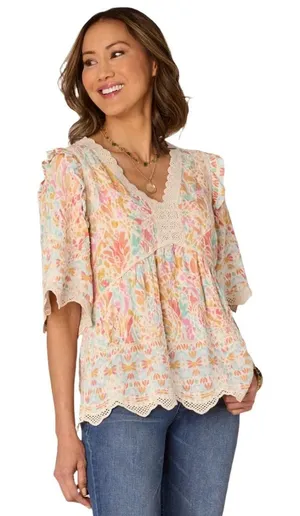 Democracy Below Elbow Bell Sleeve Crochet V Neck thumbnail 1