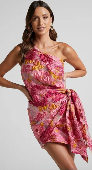 Showpo Pink and Orange wrap mini dress one shoulder thumbnail 2