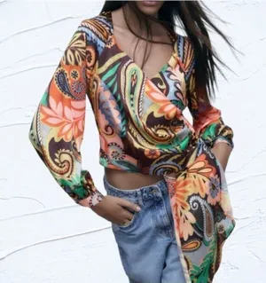 Zara Multicoloured Scarf Print Crossover Satin V-Neckline Blouse Top Paisley M thumbnail 1