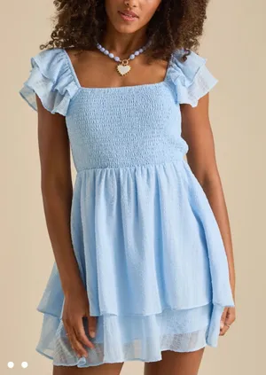Altar’d State Light Blue Ruffle Sleeve Smocked Tiered Mini Dress Medium NWT thumbnail 1