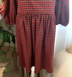 Hutch Square Neck Puff Sleeve Checker Plaid Mini Dress in Red Multi thumbnail 5