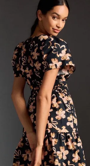 Anthropologie Somerset Mini Dress Black Neutral Floral Smocked Tiered Standard thumbnail 4