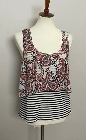 Anthropologie Meadow Rue Top Sleeveless Mixed Media Layered Striped Paisley Red thumbnail 1