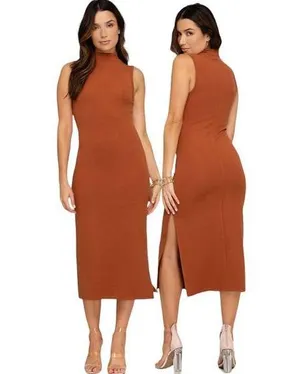 Sexy SHE & SKY High Neck Rust Midi Dress with 17" Slit ~ Women's Size MEDIUM thumbnail 1