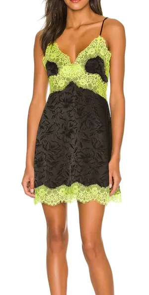 ALICE + OLIVIA Zaira Lace Trim Mini Dress Black/Lime Punch Sz 2‎ thumbnail 1