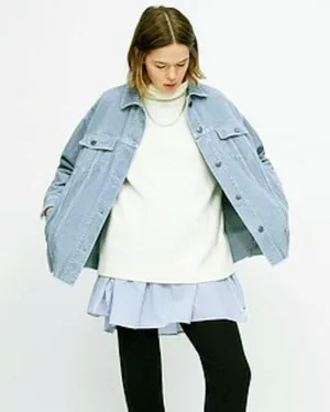 Zara Oversized Corduroy Trucker Jacket Womens XS Baby Blue Raw Hem Gorpcore 90s thumbnail 4