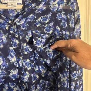 Liz Claiborne Long‎ Sleeve Blouse XL Blue Sheer Floral Button Top Cottagecore thumbnail 5