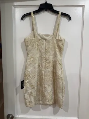 Lulu's Cream and Gold Floral Brocade Mini Dress perfect for birthday or party thumbnail 3