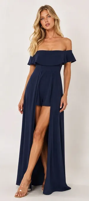 Altar’d State Navy Off Shoulder Romper Duster Wedding Guest M Quiet Luxury Boho thumbnail 1