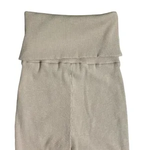 Zara Beige Fold over Ribbed Flared Stretchy Cotton Blend Leggings(Size Small) thumbnail 4