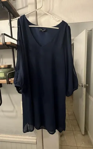 Lulu’s Navy V-Neck Women's Sheer Sleeve Dress thumbnail 1