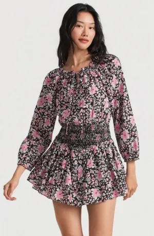 LoveShackFancy Mini Dress Pink Black Floral Smocked Ruffle Cotton thumbnail 1