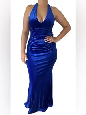 Blue Velvet Old Hollywood Style Floor Length Formal Gown - NEW thumbnail 5