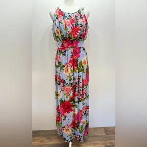 Tropical Floral Print Halter Maxi Dress Baby Blue Gilli ModCloth Vacation Party thumbnail 11