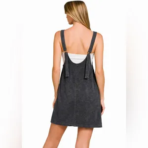 Zenana NEW Washed Slub Overall Mini Dress Black S M L thumbnail 2