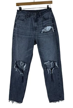 American Eagle Mom Jean Solid Denim Pants Black Grunge Distressed Size 4 Short thumbnail 1