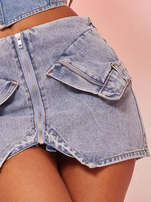NWT PrettyLittleThing Petite Light Blue Wash Mini Pocket Front Denim Skirt Sz 2P thumbnail 4