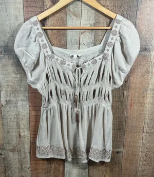 ODDI Boho Peasant Blouse Large Cream Embroidered Tassel Tie Cottagecore Top thumbnail 1