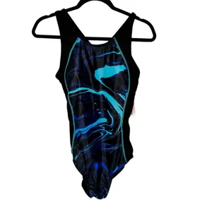 Charmo Swimsuit One Piece Athletic Training Blue Marble UPF 50+ Womens‎ thumbnail 8