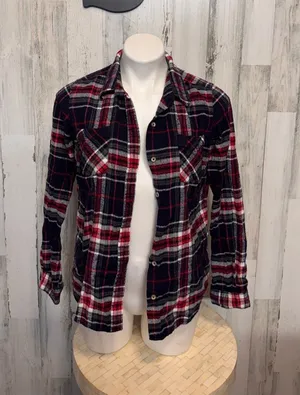 Natural Reflections Plaid Flannel Button Down Shirt Womens Small Navy Red Cotton thumbnail 1