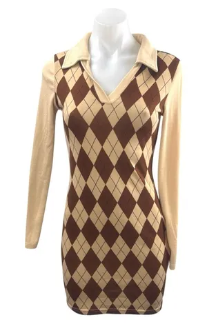 Women's Brown Argyle Collared V Neck Long sleeve Mini Bodycon Sweater Dress Sz S thumbnail 1