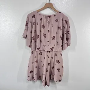 Free People Stealing Kiss Mauve Floral Romper Ruffle Flutter Sleeve‎ Tie Front M thumbnail 4