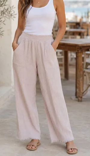 Magaschoni Wide-Leg Elastic Waist Casual Pants in Light Cream M Cotton thumbnail 1