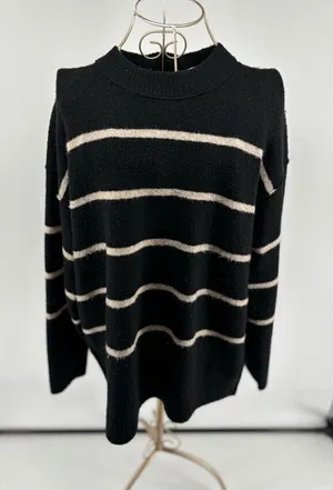 Aerie Unreal Stripe Sweater XS Black Cream Crewneck Knit Pullover Women thumbnail 1