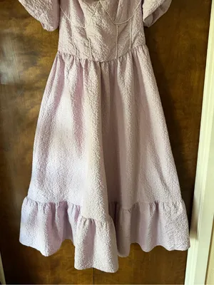 Simplee Lavender Puff Sleeve Pearl Trim Midi Dress Sweetheart Tiered Ruffle S thumbnail 4