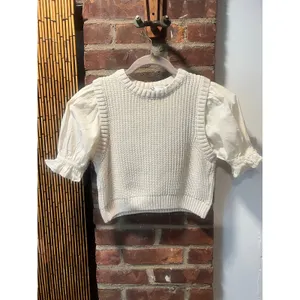 Zara Romantic Cream Mixed Media Puff Sleeve Knit Crop Top S thumbnail 3