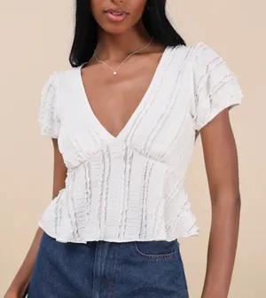NWT Lulus Size Medium Estela Ivory‎ Ruffled Puff Sleeve Peplum Crop Top White thumbnail 1