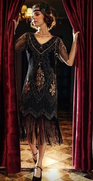 #10 Vintage-Inspired Black Beaded Flapper Dress with Fringe-Large/Size 14 thumbnail 1