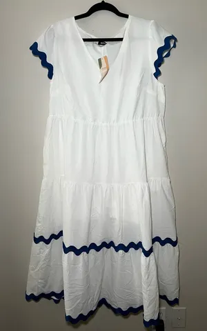 White Maxi Dress with Blue Scalloped Trim - Women's thumbnail 1