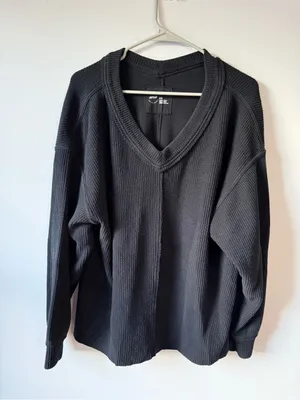 Aerie Waffle Knit Black V-Neck Ribbed Sweater Sweatshirt Black Size M Oversize thumbnail 2