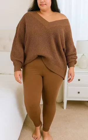 New Women's Zenana Plus Size V-Neck Off The Shoulder Waffle Knit Sweater Camel / Light Brown Sz 1X thumbnail 1